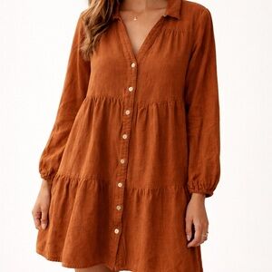 Ava Rust Button-Down mini linen Dress​